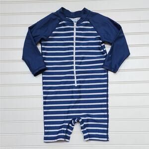RuggedButts Boys Stripe Long Sleeve One Piece Swim Rash Guard Size 2T Blue White
